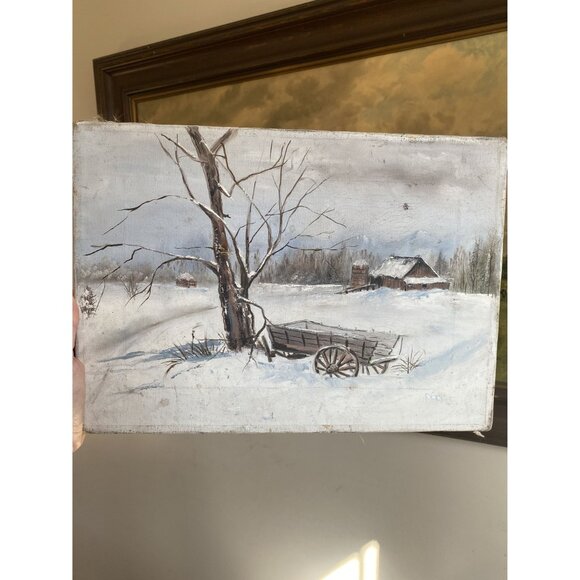 Vintage Winter Landscape Canvas Painting With Barn & Wagon Scene - Picture 6 of 8